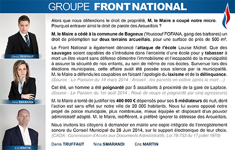 Arcueil Notre Cité (ANC) Septembre 2014 Expression des groupes Tribune du Front National (FN)