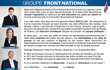 Arcueil Notre Cité (ANC) Octobre 2014 Expression des groupes Tribune du Front National (FN)